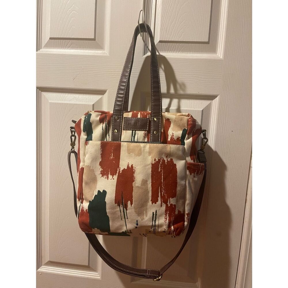Maika Cream Canvas Rust &Green Brushstroke Print Tote shoulder bag Brown straps